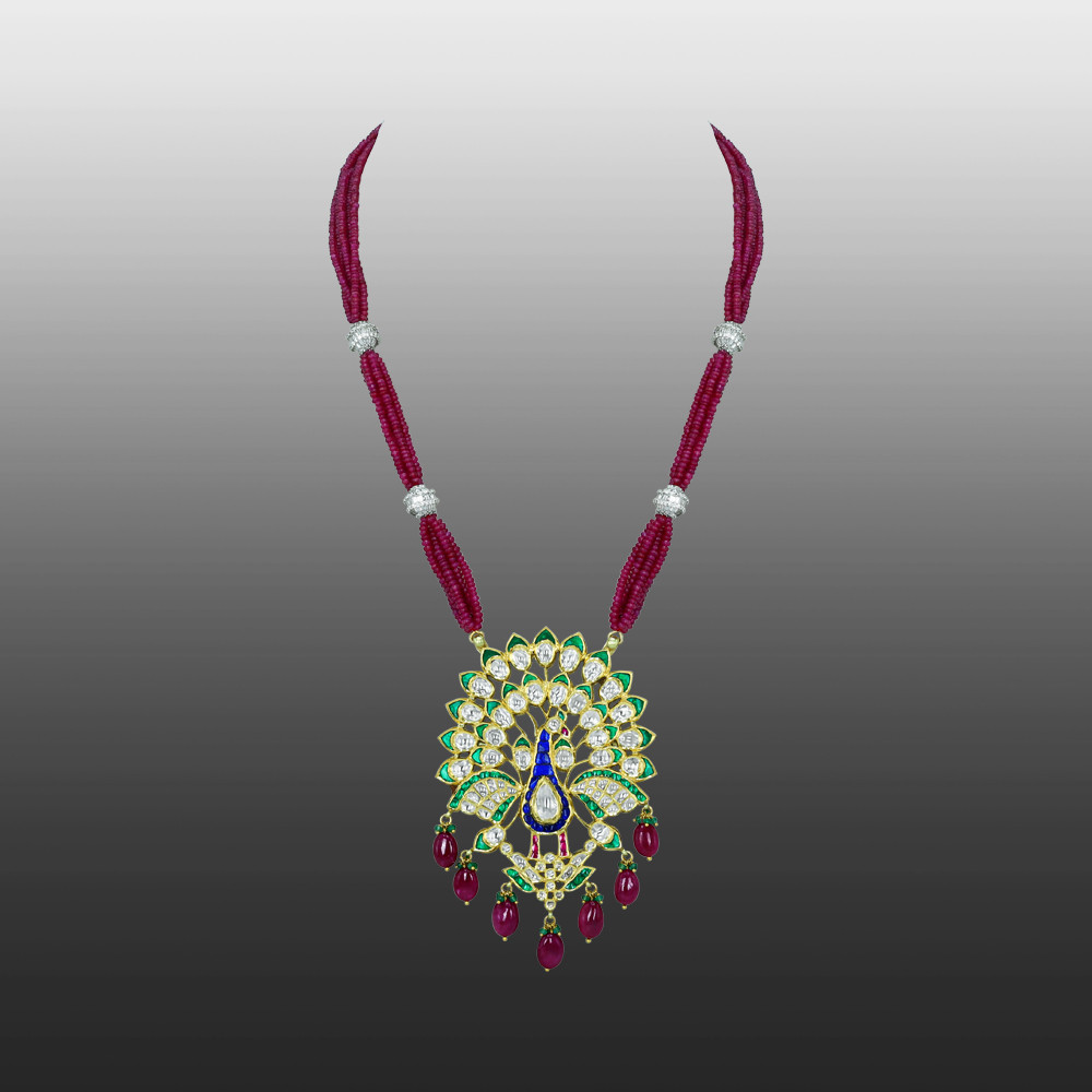 Peacock Pendant Necklace with Polki, Green Enamel, and Ruby Drops